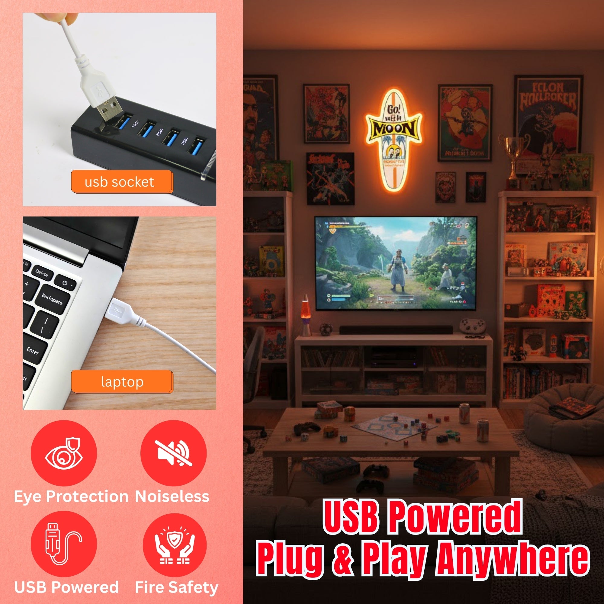 ShineNeon™ Mooneyes Surfboard LED Neon Sign - Retro Surf Wall Art Decor (USB Powered)