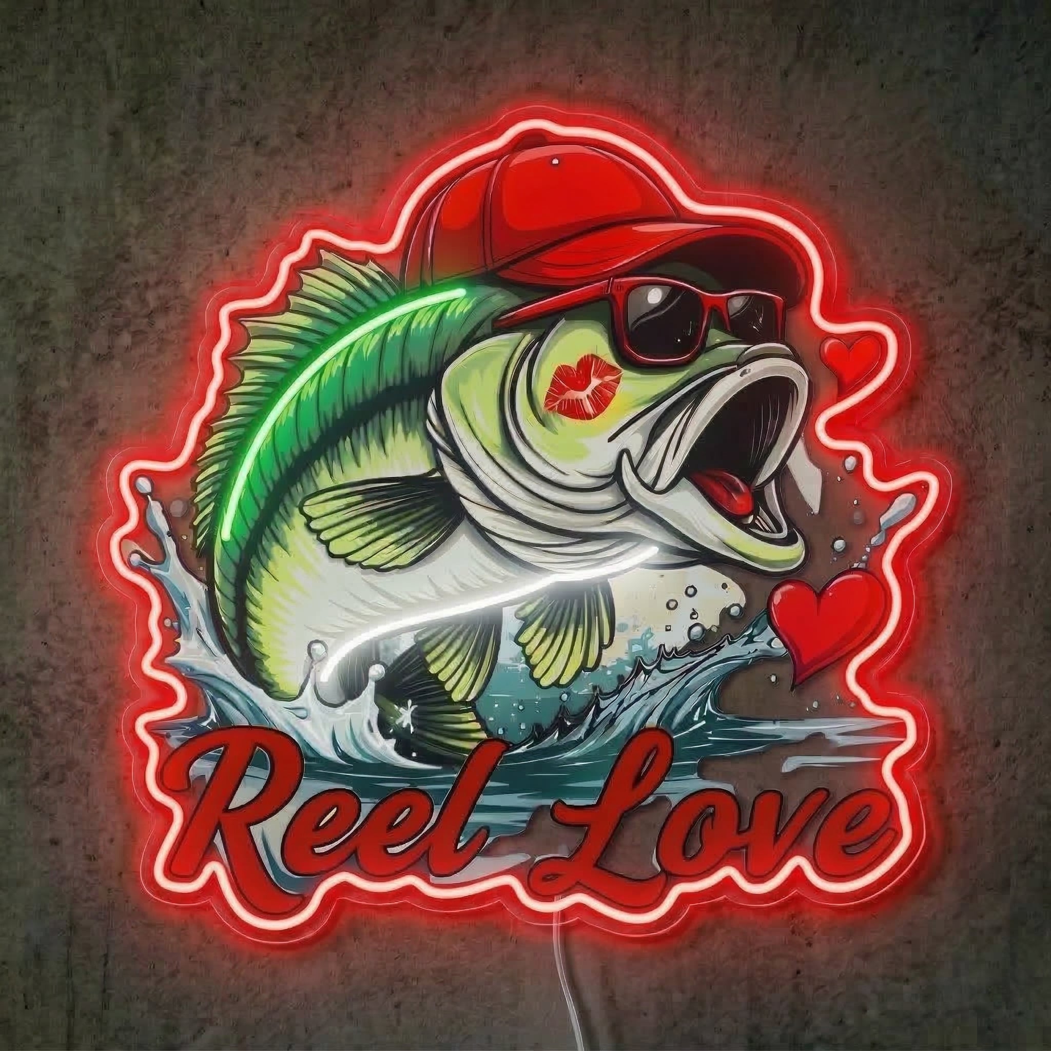 ShineNeon™ Bass Fishing Reel Love Neon Sign with Hearts Man Cave Wall Art USB Powered