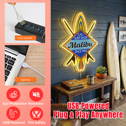 ShineNeon™ Malibu Cali Surf Shop LED Neon Sign - Retro Beach Vibe Wall Decor (USB Powered)