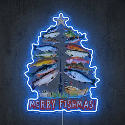 ShineNeon™ Merry Fishmas Tree neon sign USB Power - Neon sign mounted on wall in room
