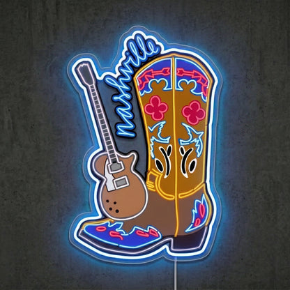 ShineNeon™ Cowboy Boot Guitar neon sign USB Power - Neon sign mounted on wall in room