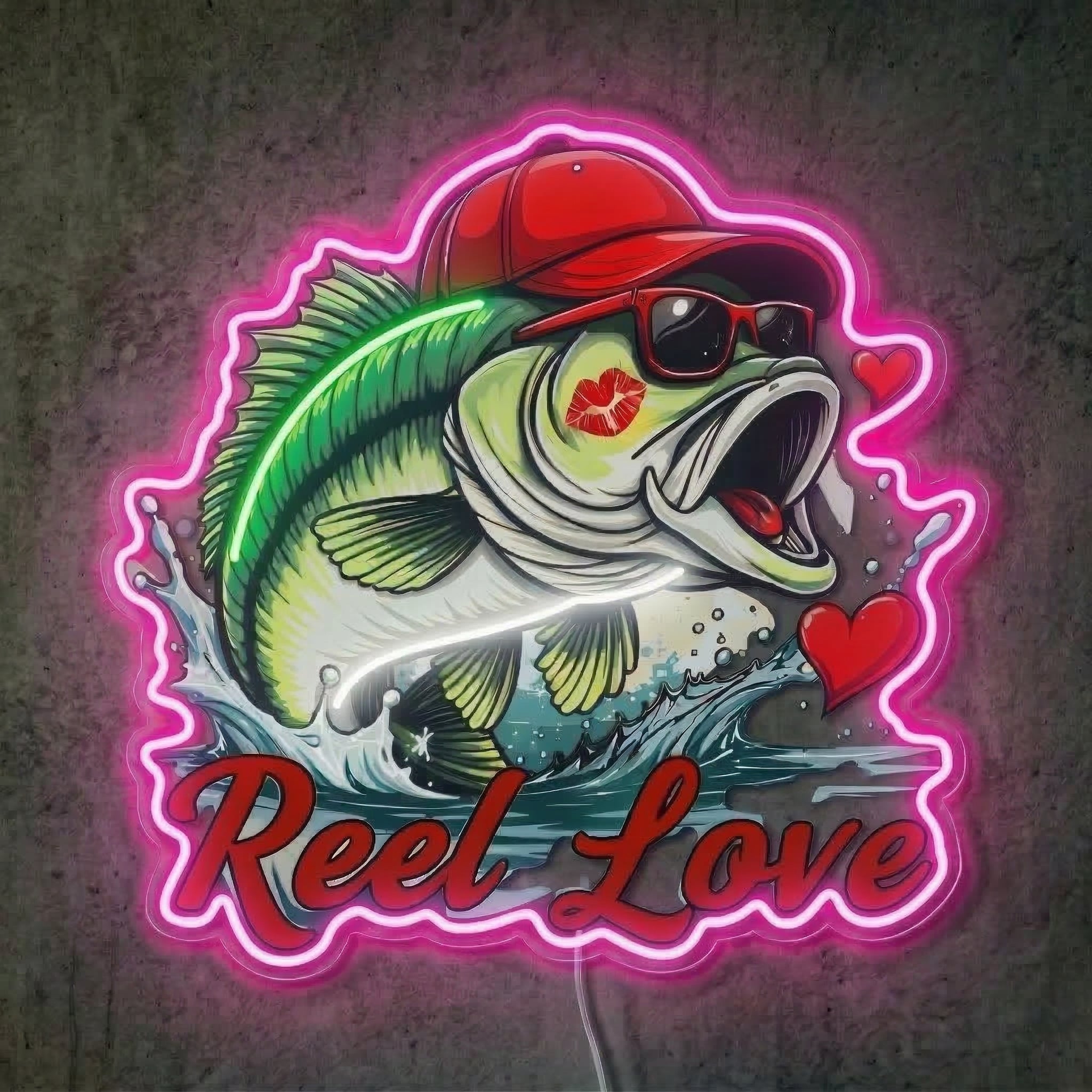 ShineNeon™ Bass Fishing Reel Love Neon Sign with Hearts Man Cave Wall Art USB Powered