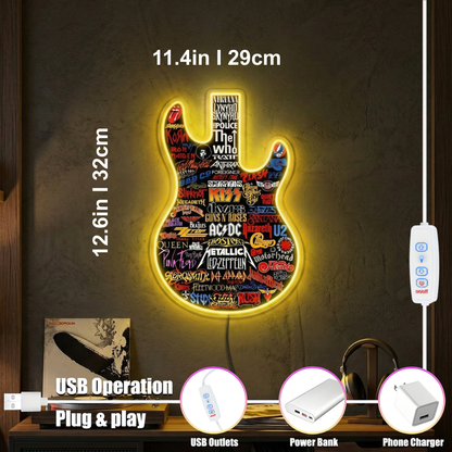 ShineNeon™ Classic Rock Guitar LED Neon Sign - Multi-Band Logo Art for Music Room & Garage