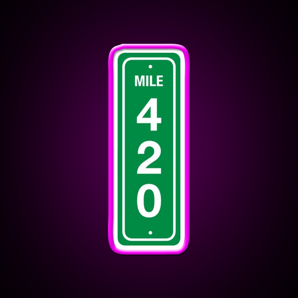 420 Mile Marker B Hemp Inspired Green Leaf Led Neon Sign Rgb Color - Neon sign mounted on wall in room