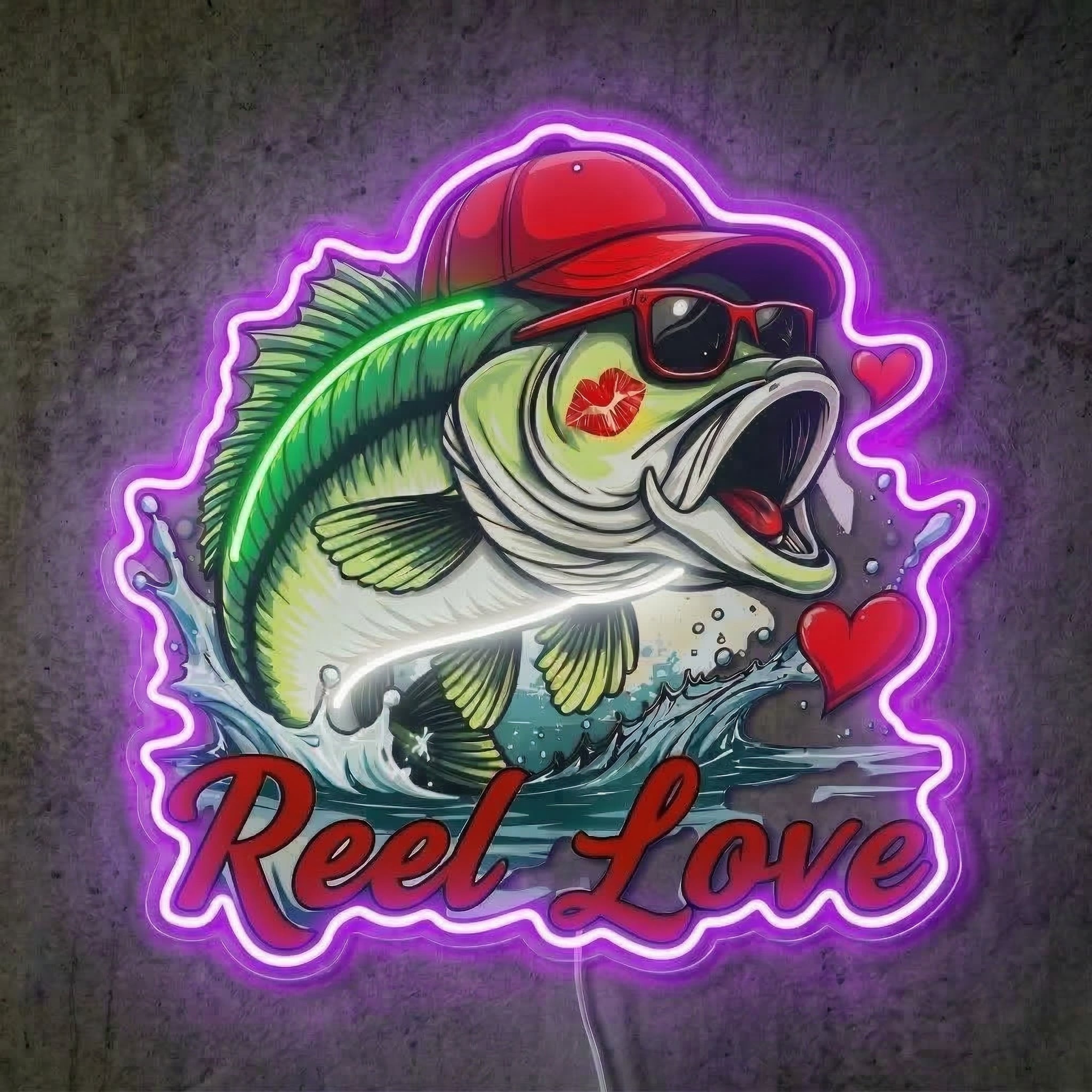ShineNeon™ Bass Fishing Reel Love Neon Sign with Hearts Man Cave Wall Art USB Powered