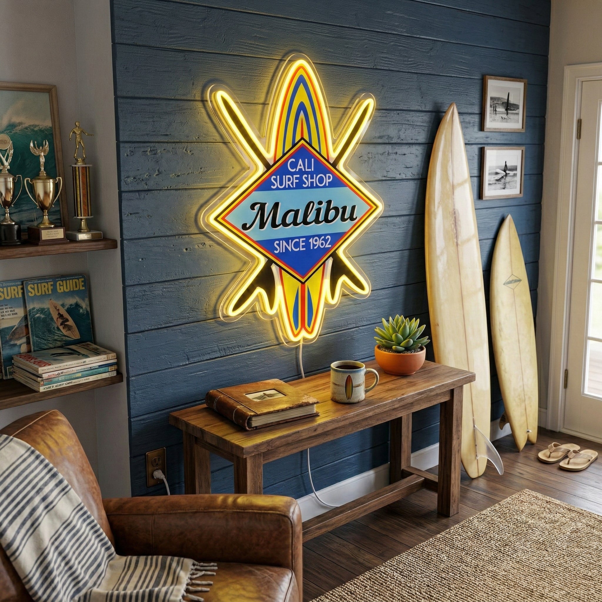ShineNeon™ Malibu Cali Surf Shop LED Neon Sign - Retro Beach Vibe Wall Decor (USB Powered)
