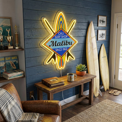 ShineNeon™ Malibu Cali Surf Shop LED Neon Sign - Retro Beach Vibe Wall Decor (USB Powered)
