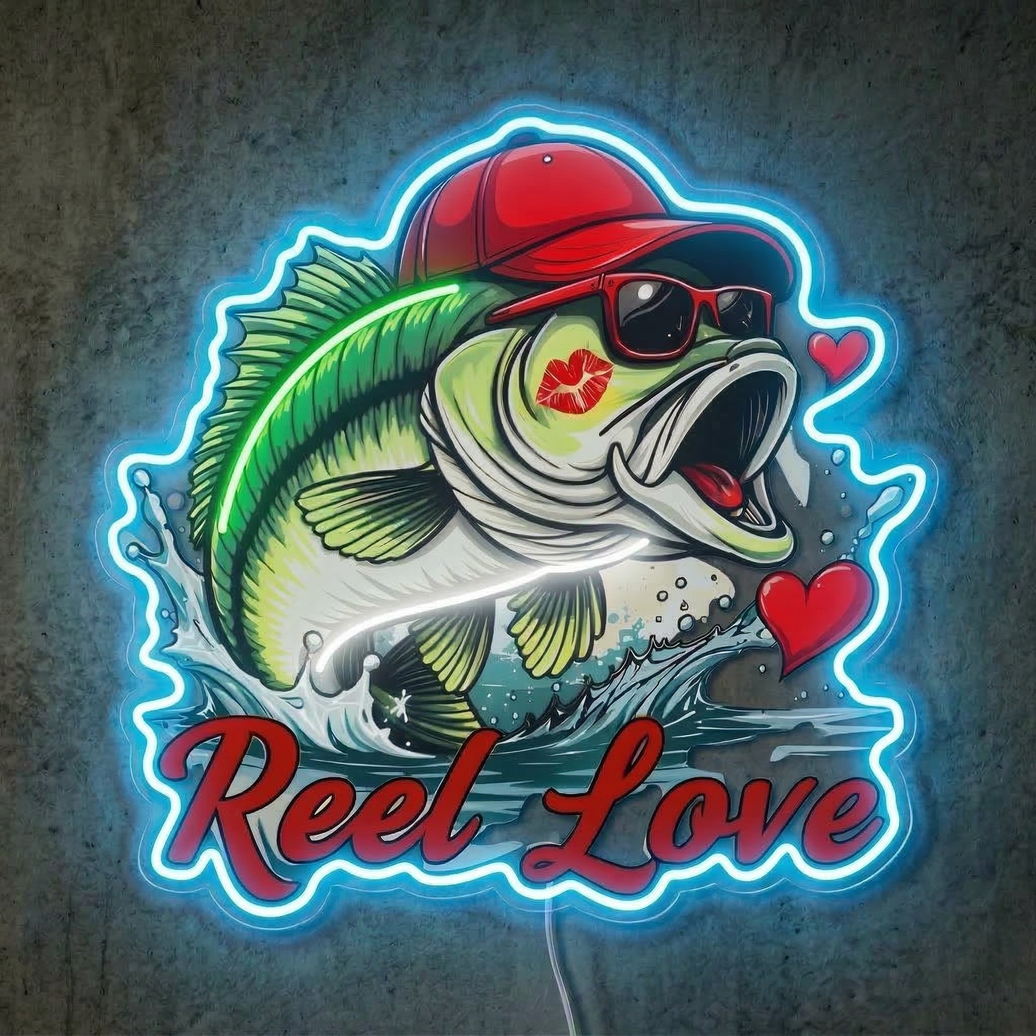 ShineNeon™ Bass Fishing Reel Love Neon Sign with Hearts Man Cave Wall Art USB Powered