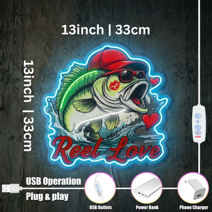 ShineNeon™ Bass Fishing Reel Love Neon Sign with Hearts Man Cave Wall Art USB Powered