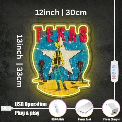 ShineNeon™ Vintage Lone Star Texas Cowboy LED Neon Sign Wall Art USB Powered