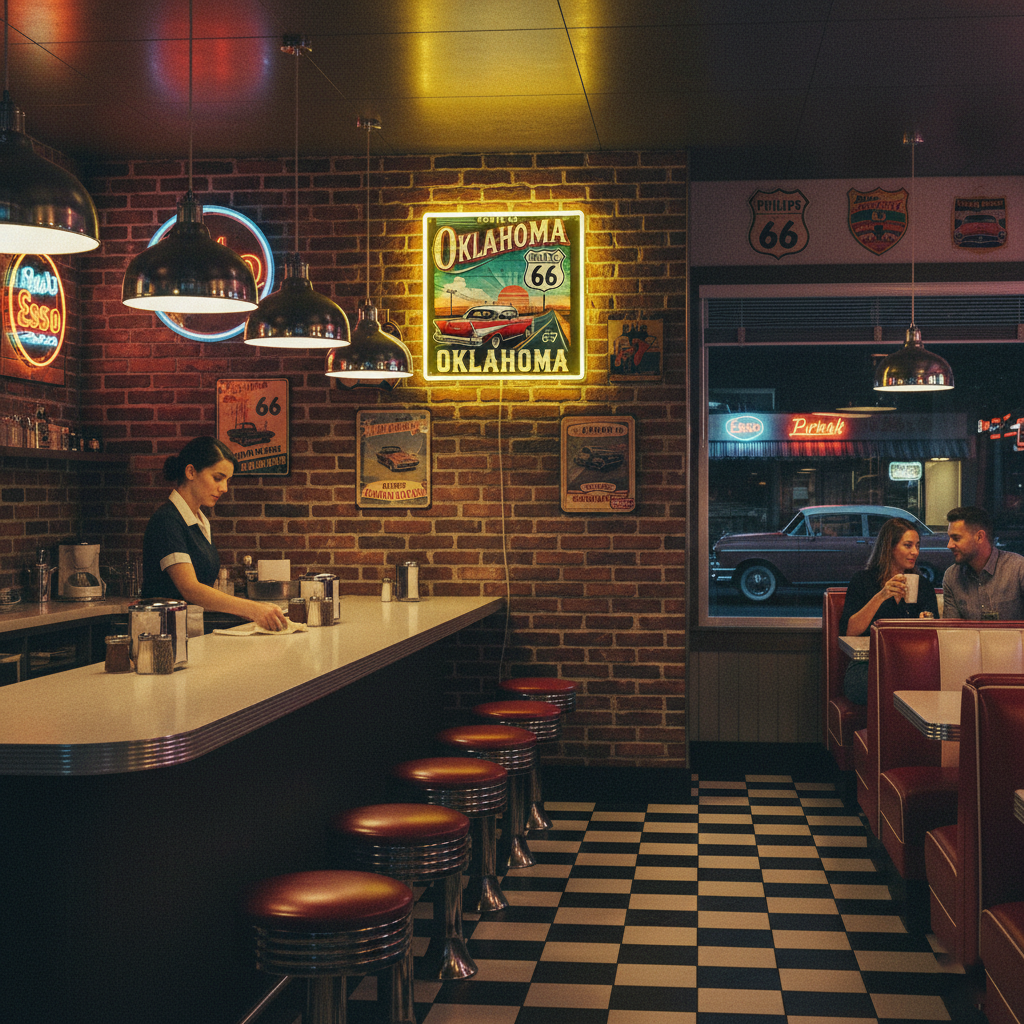 ShineNeon™ Route 66 Oklahoma Vintage Car LED Neon Sign - Retro Garage Wall Decor