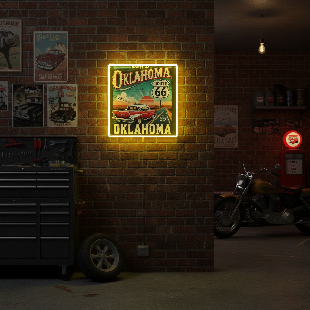 ShineNeon™ Route 66 Oklahoma Vintage Car LED Neon Sign - Retro Garage Wall Decor