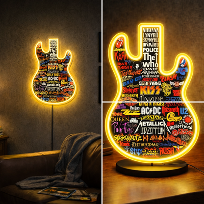 ShineNeon™ Classic Rock Guitar LED Neon Sign - Multi-Band Logo Art for Music Room & Garage