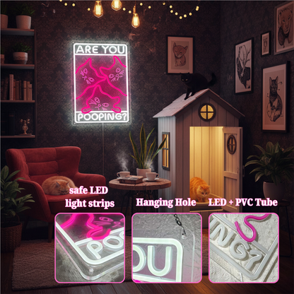 Funny Curious Kitty Cats “Are You Pooping?” LED Neon Sign for bathroom and Gift Wall Decor
