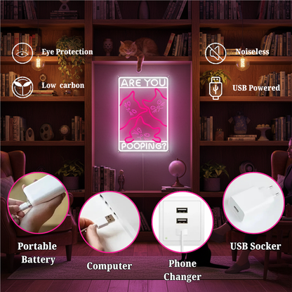 Funny Curious Kitty Cats “Are You Pooping?” LED Neon Sign for bathroom and Gift Wall Decor