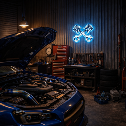 ShineNeon™ Crossed Pistons LED Neon Sign - Garage Mancave Wall Decor & Mechanic Gift