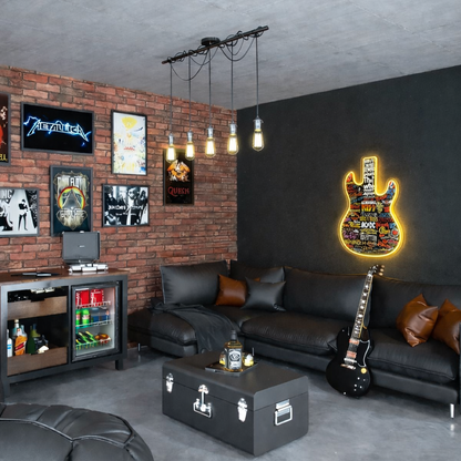 ShineNeon™ Classic Rock Guitar LED Neon Sign - Multi-Band Logo Art for Music Room & Garage