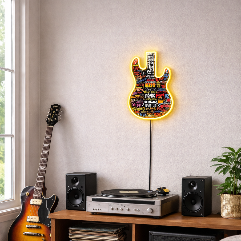 ShineNeon™ Classic Rock Guitar LED Neon Sign - Multi-Band Logo Art for Music Room & Garage