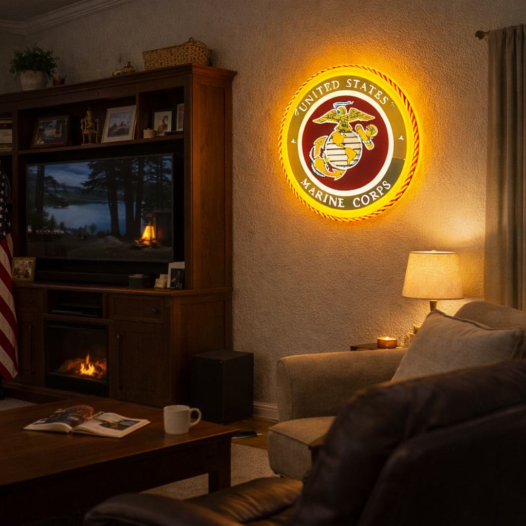 ShineNeon™ Semper Fi Legacy LED Neon Sign – Gold & Red Patriotic Light for Man Cave