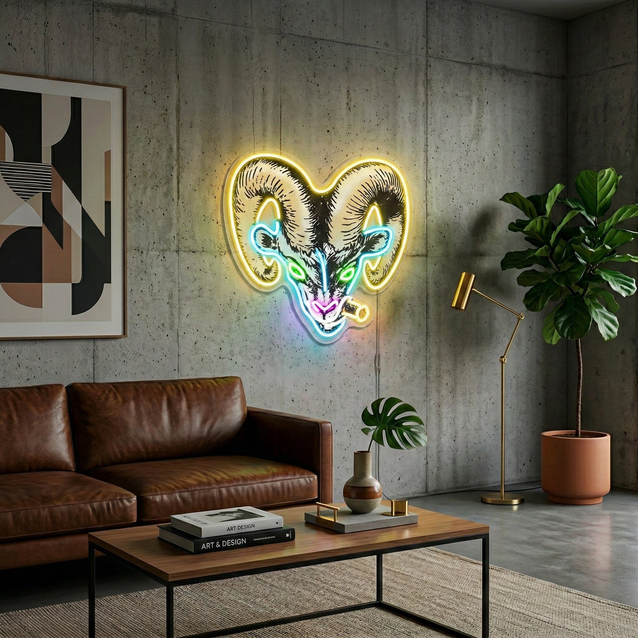 ShineNeon™ Badass Ram with Cigar LED Neon Sign - Gritty Neon Wall Art for Man Cave & Home Bar