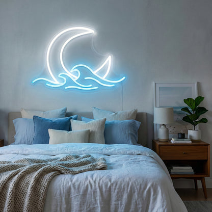 ShineNeon™ Moon & Ocean Waves LED Neon Sign - Serene Coastal Wall Decor for Bedroom
