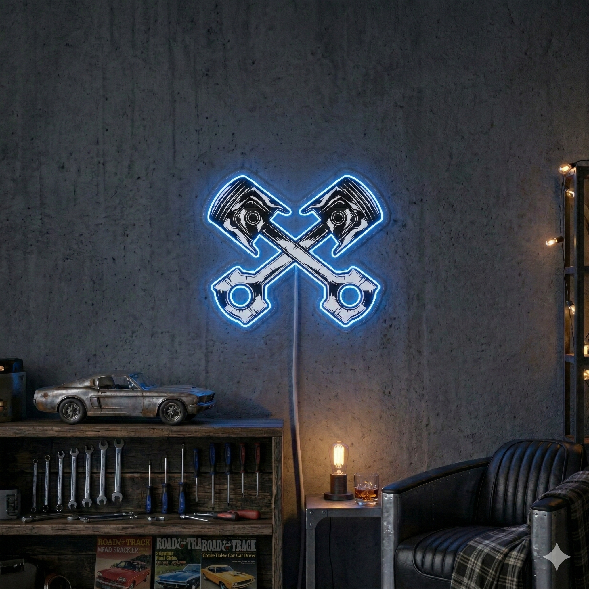 ShineNeon™ Crossed Pistons LED Neon Sign - Garage Mancave Wall Decor & Mechanic Gift