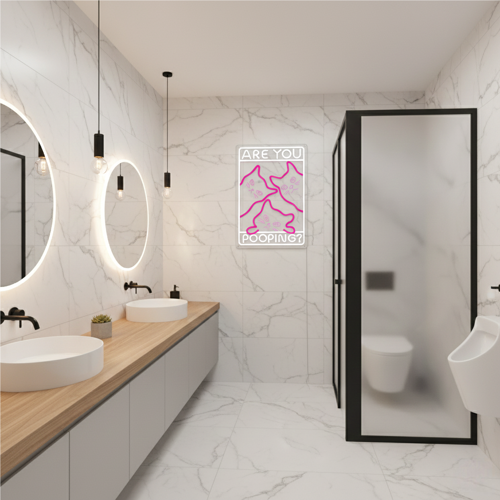 Funny Curious Kitty Cats “Are You Pooping?” LED Neon Sign for bathroom and Gift Wall Decor