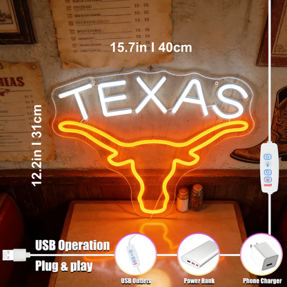 ShineNeon™ Texas Longhorn LED Neon Sign - Orange & White Western Decor for Bar Game Room or Man Cave