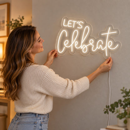 Lets Celebrate White Script LED Neon Sign — image 02