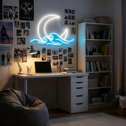 ShineNeon™ Moon & Ocean Waves LED Neon Sign - Serene Coastal Wall Decor for Bedroom