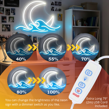 ShineNeon™ Moon & Ocean Waves LED Neon Sign - Serene Coastal Wall Decor for Bedroom