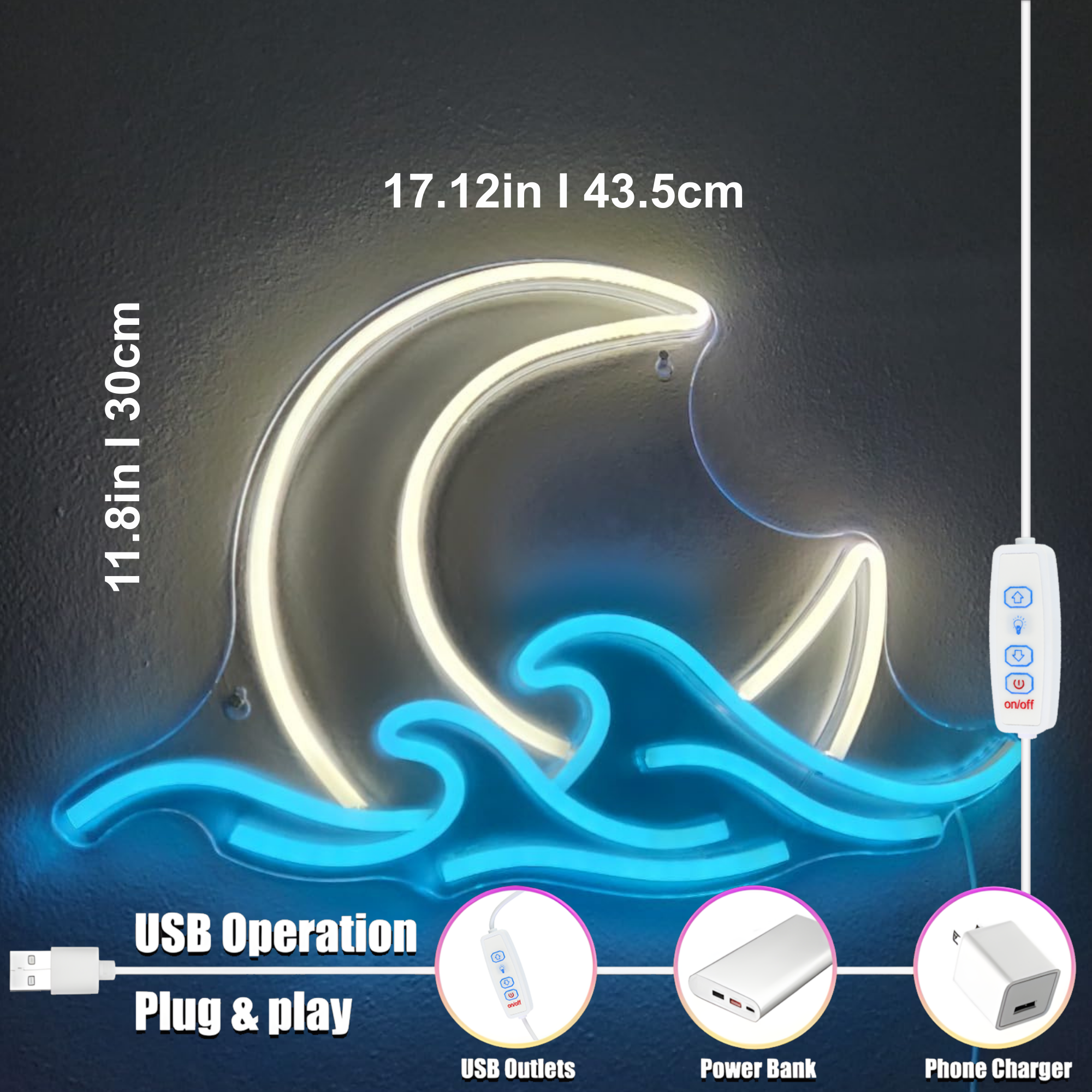 ShineNeon™ Moon & Ocean Waves LED Neon Sign - Serene Coastal Wall Decor for Bedroom