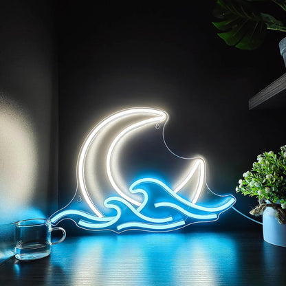 ShineNeon™ Moon & Ocean Waves LED Neon Sign - Serene Coastal Wall Decor for Bedroom
