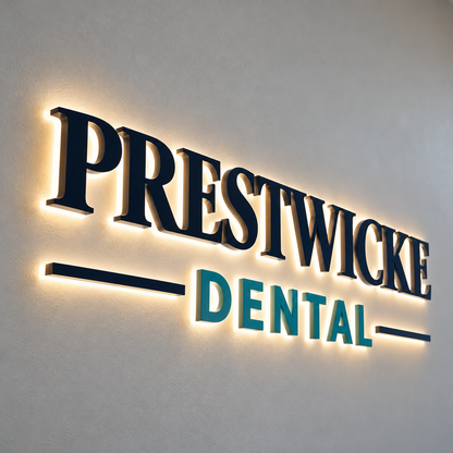 Prestwicke Dental Custom 3D Halo Backlit Metal Letters & Logo Wall Sign