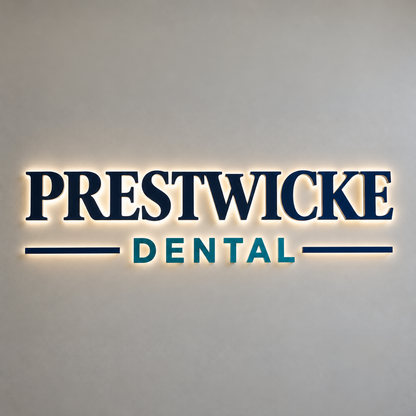 Prestwicke Dental Custom 3D Halo Backlit Metal Letters & Logo Wall Sign
