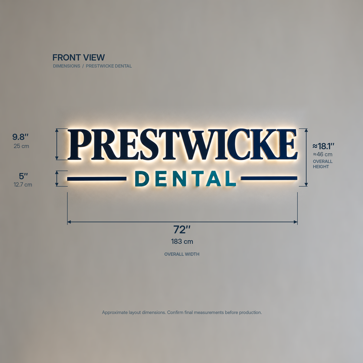 Prestwicke Dental Custom 3D Halo Backlit Metal Letters & Logo Wall Sign
