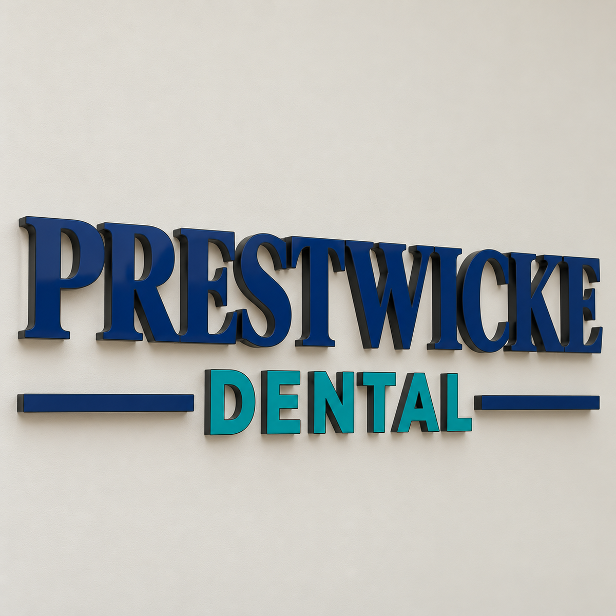 Prestwicke Dental Custom 3D Halo Backlit Metal Letters & Logo Wall Sign