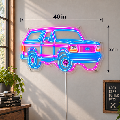 Retro Off-Road SUV LED Neon Sign – Blue & Pink Garage Wall Decor