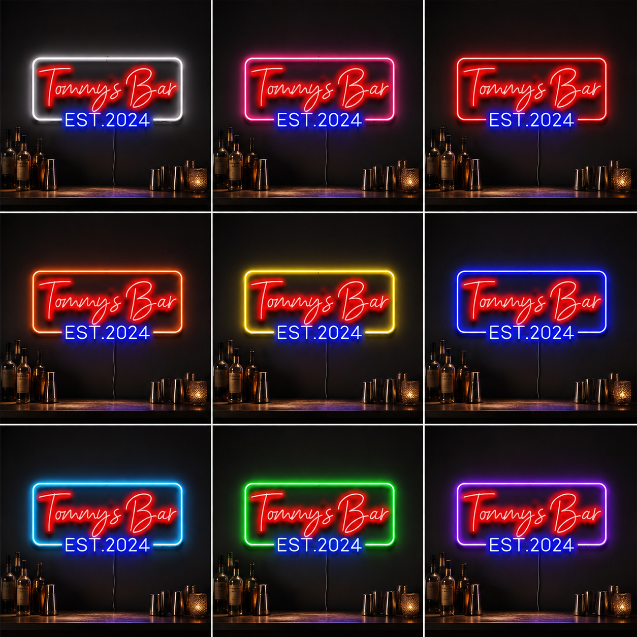 A Bar With Three Stools And A LED Neon Sign color grid