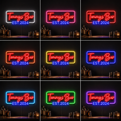 A Bar With Three Stools And A LED Neon Sign color grid
