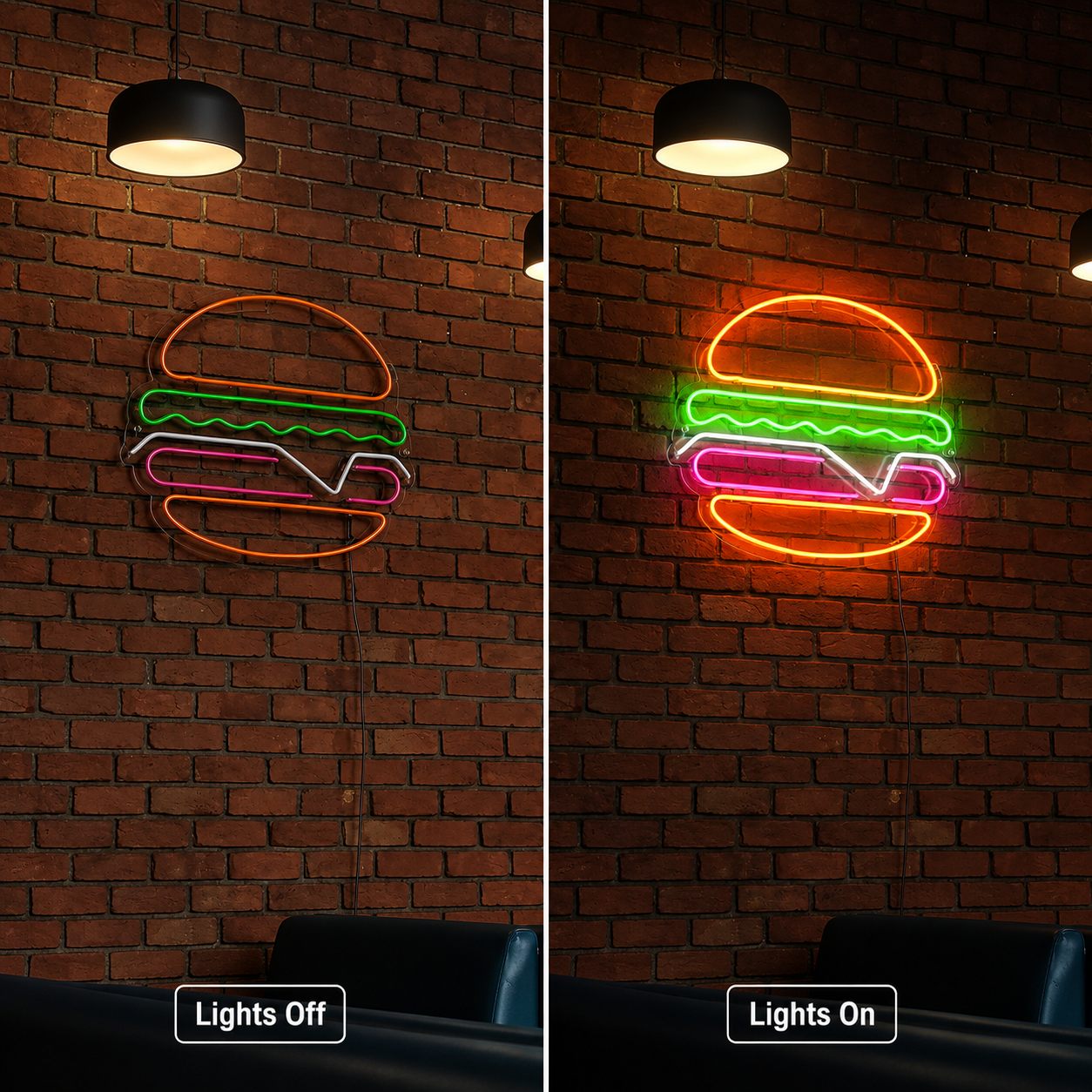 A Burger On Wall Decor LED Neon Sign - 06 Day Night Comparison