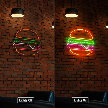 A Burger On Wall Decor LED Neon Sign - 06 Day Night Comparison