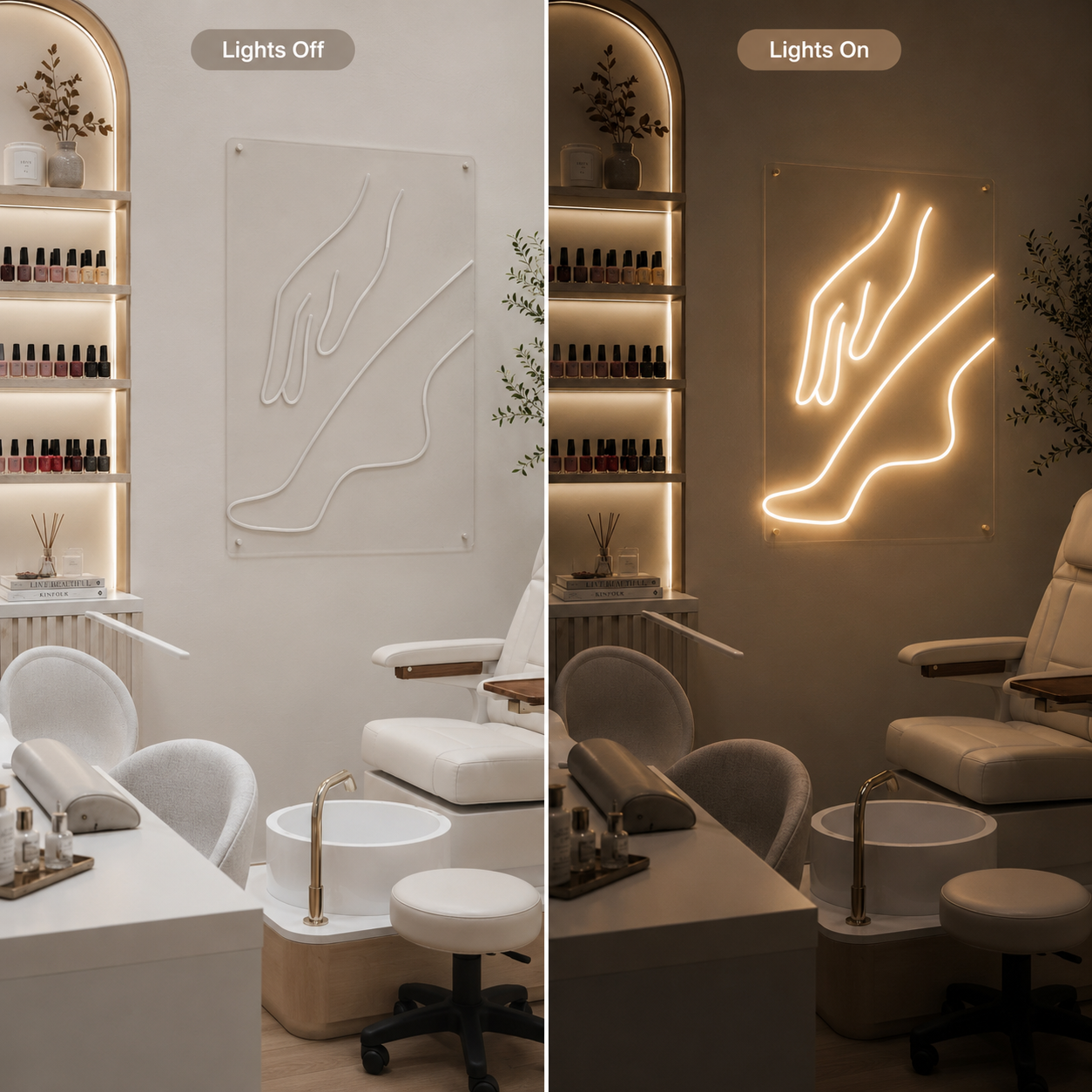 A Chair Sitting Next To LED Neon Sign - 06 Day Night Comparison