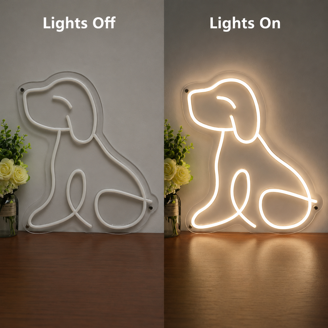 A Dog Sitting LED Neon Sign - 06 Day Night Comparison