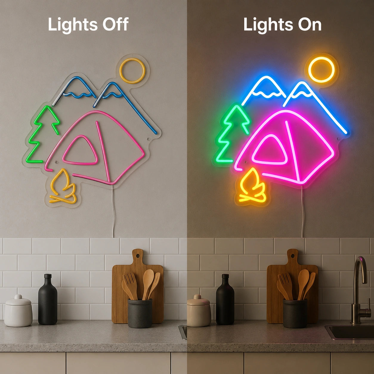 A Frame Cabin Neon Sign LED Neon Sign day and night comparison