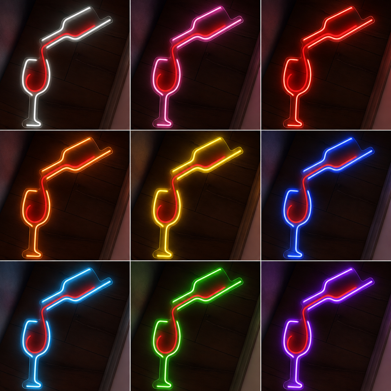 A LED Neon Sign With A Wine Glass On It color grid