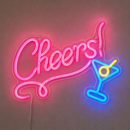 A LED Neon Sign With The Word Cheers On It In Front Of A Dark Brick Wall main product image