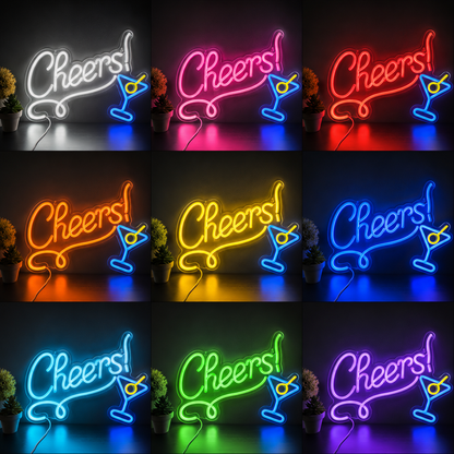 A LED Neon Sign With The Word Cheers On It In Front Of A Dark Brick Wall color grid