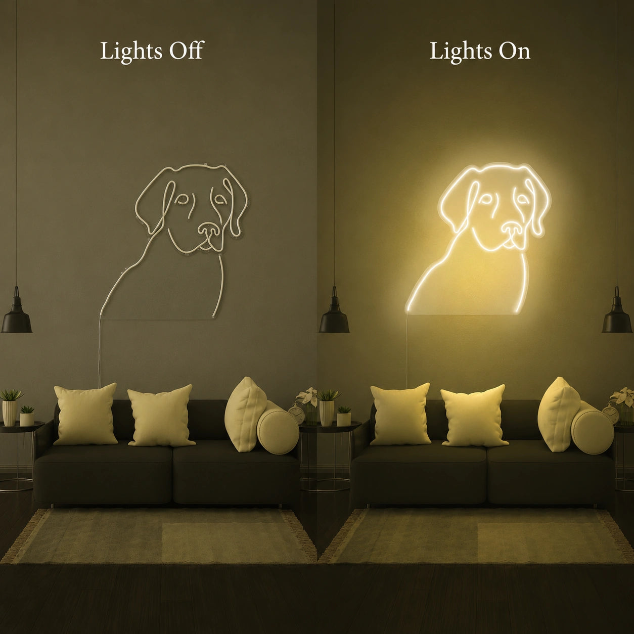 A Living Room With A LED Neon Sign - 06 Day Night Comparison