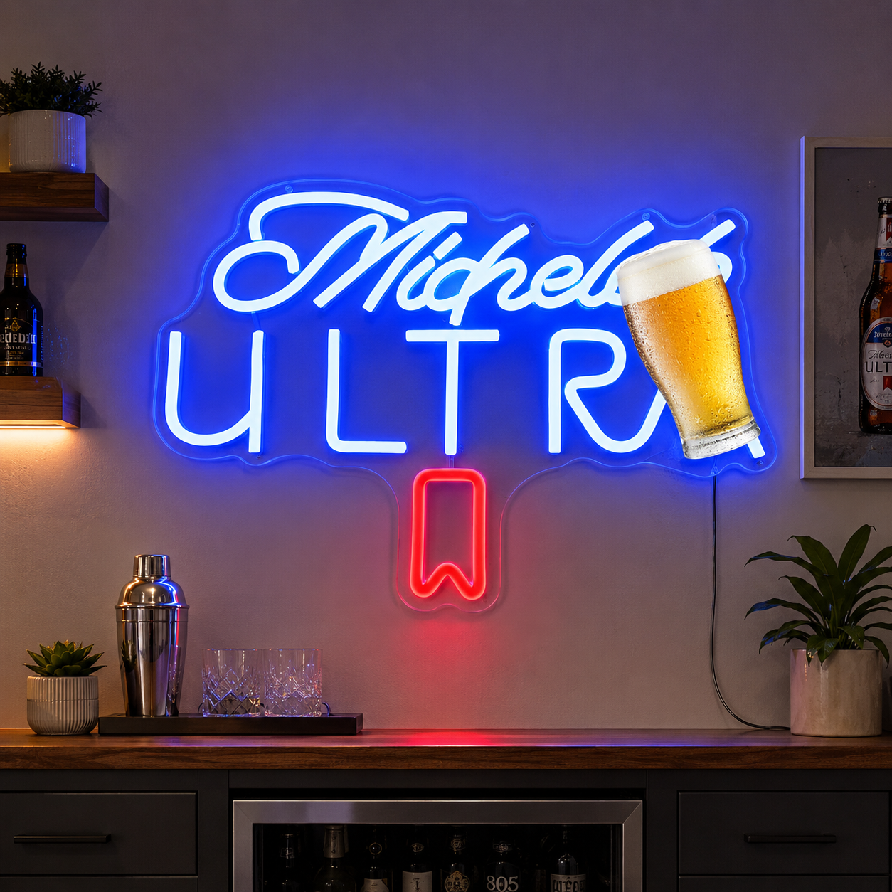 A Neon Sign With A Glass Of Beer In Front Of It That Says Micheled Ultra LED Neon Sign main product image